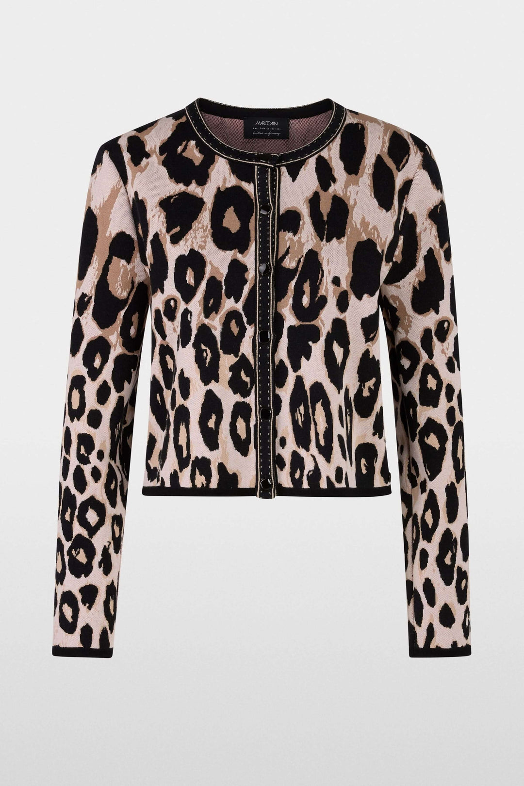 Cardigan léopard à coupe droite avec motifs audacieux et finitions contrastées, idéal pour un look stylé.