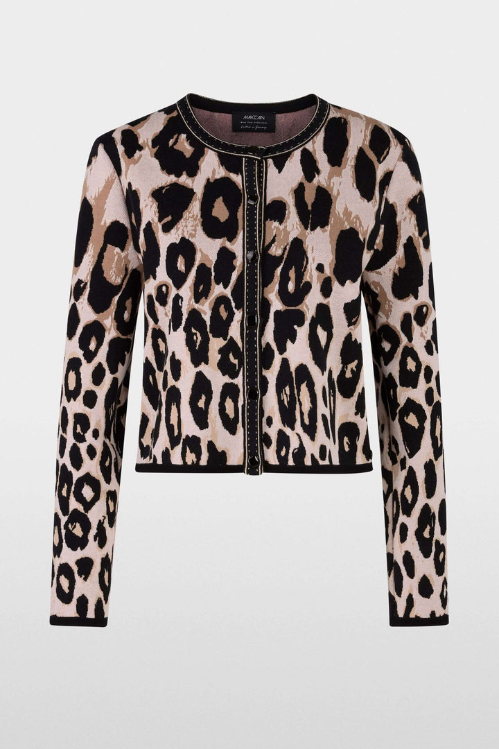 Cardigan léopard à coupe droite avec motifs audacieux et finitions contrastées, idéal pour un look stylé.
