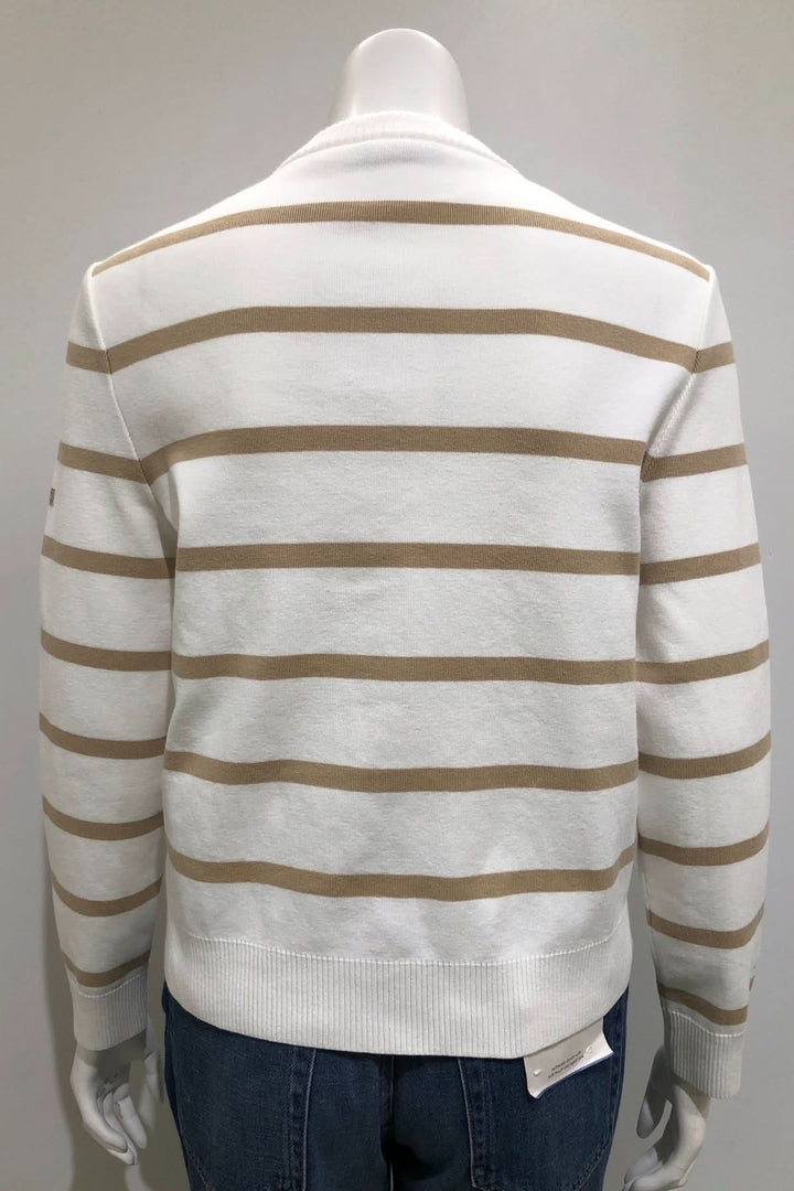 Vue arrière du cardigan à rayures boutonné PERPIGNAN, style féminin, maille douce, col arrondi, manches longues, fermeture boutonnée.