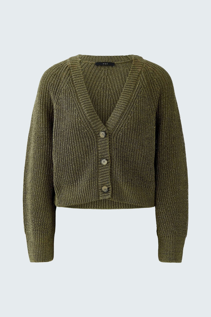 Cardigan tricoté vert avec encolure en V et boutons, coupe courte et droite, élégant et confortable pour un style quotidien.