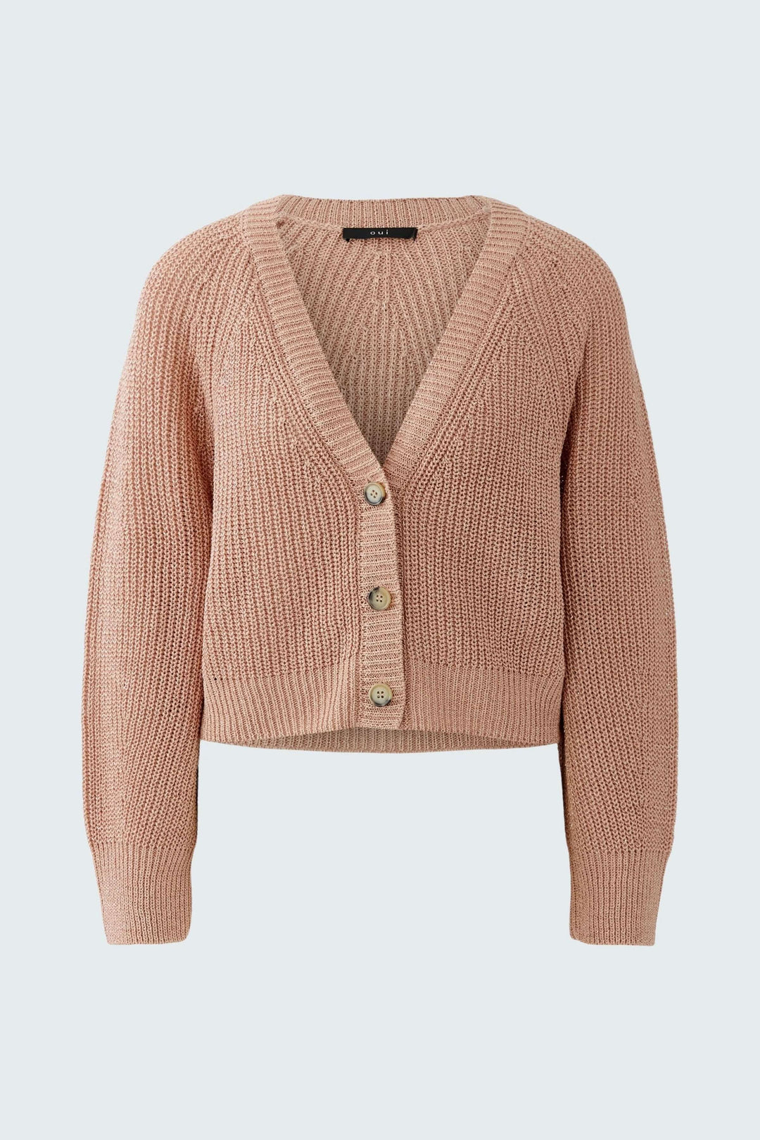 Cardigan tricoté rose à encolure en V et boutons, coupe courte et droite élégante.
