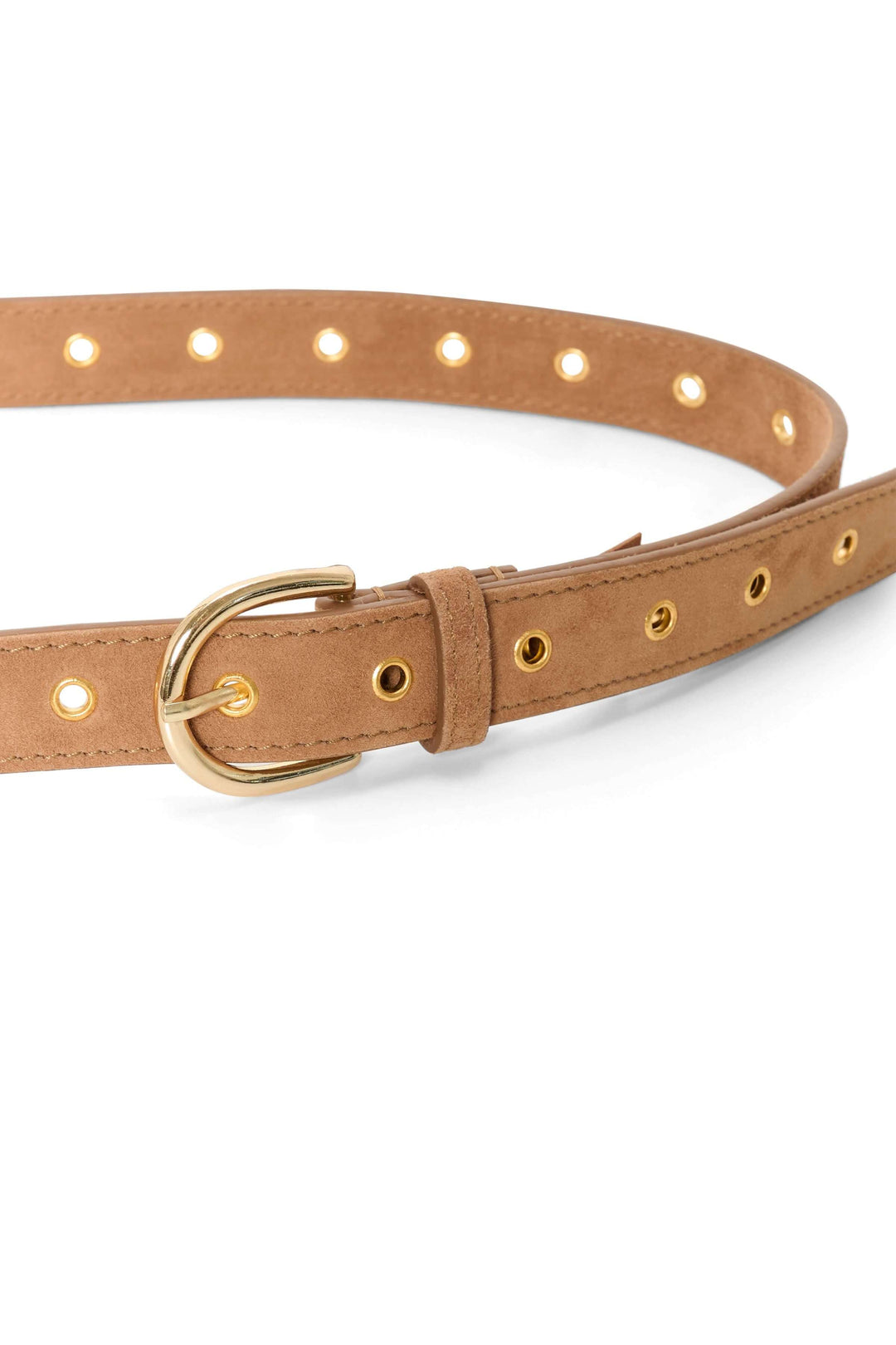 Ceinture en suède avec œillets dorés et boucle métallique arrondie, accessoire élégant et polyvalent.