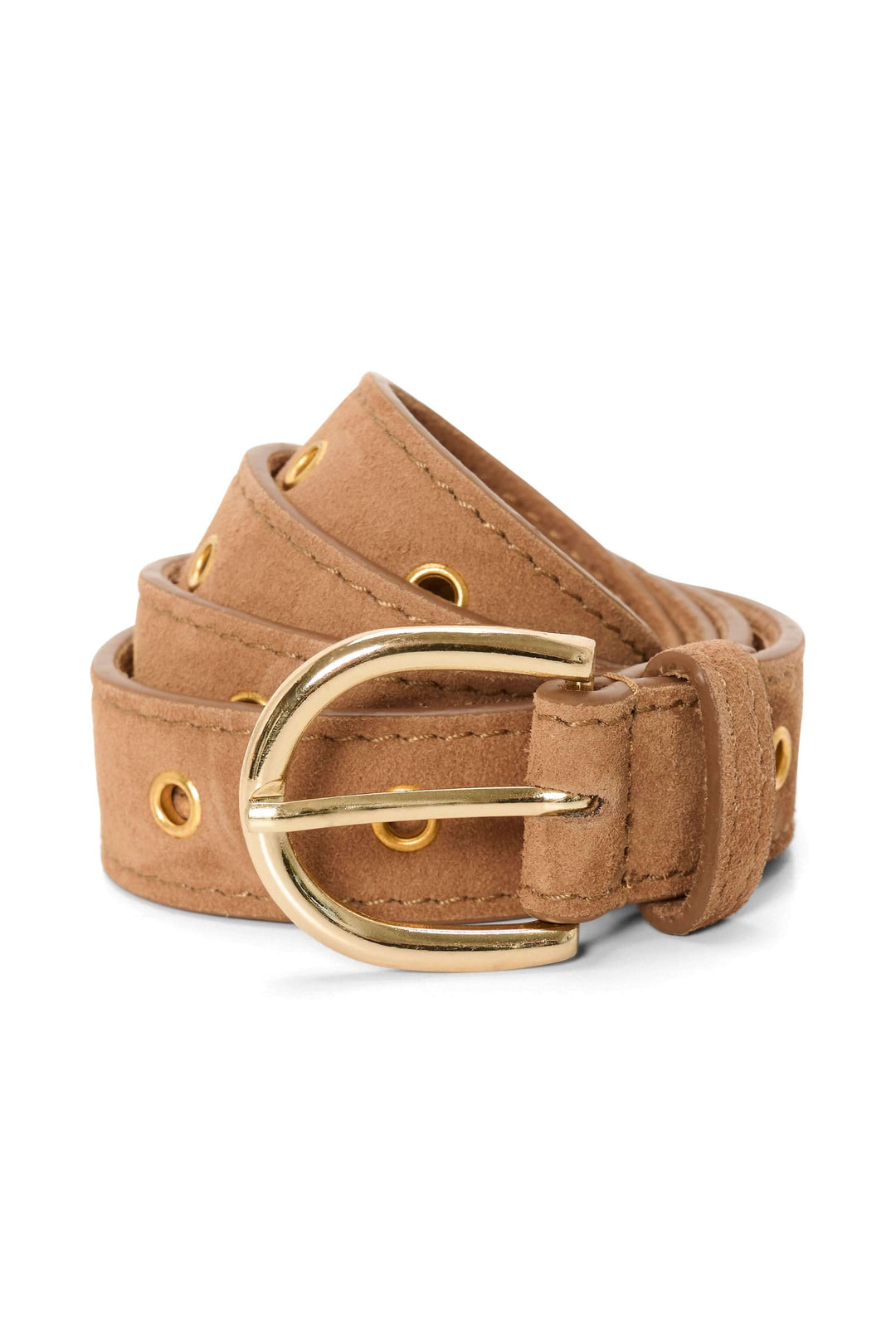 Ceinture Najad en suède avec œillets dorés et boucle métallique brillante, idéale pour un look élégant.