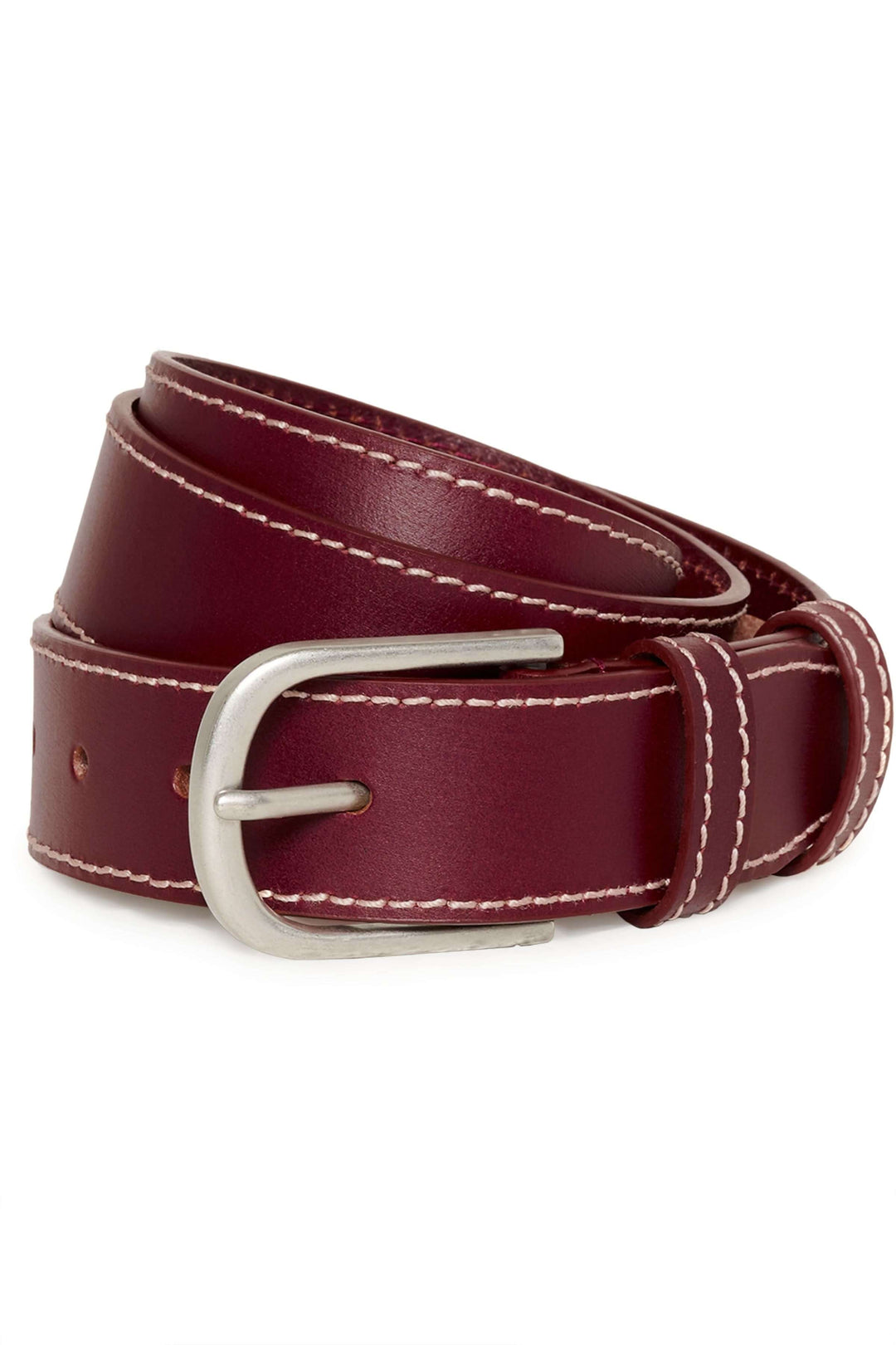 Ceinture Seyra en cuir véritable avec surpiqûres contrastantes et boucle métallique classique, présentée en couleur bordeaux.