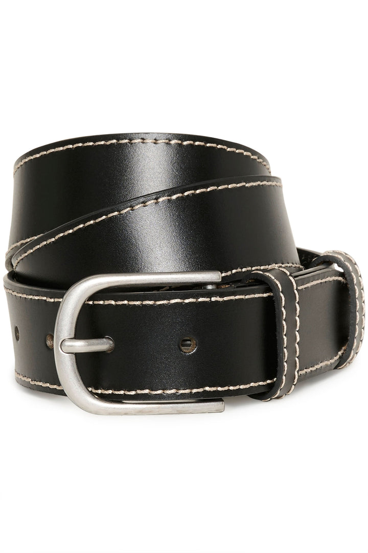 Ceinture Seyra en cuir noir avec surpiqûres contrastantes et boucle métallique classique.