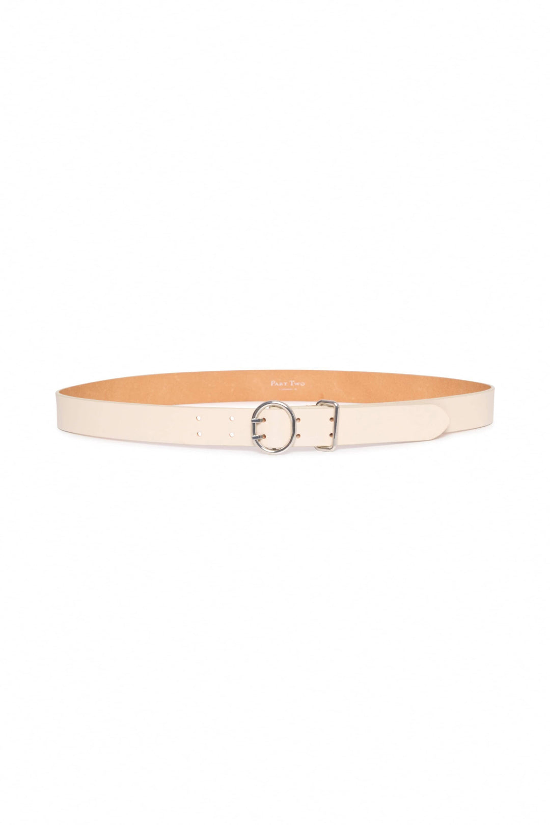 Ceinture en cuir Emira beige avec boucle argentée, design moderne et réglable pour un ajustement personnalisé.