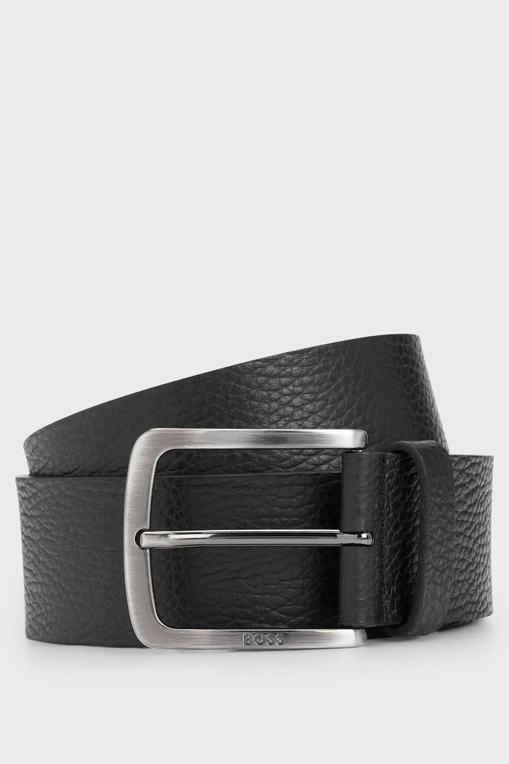 Ceinture en cuir italien noir à grain avec boucle gravée BOSS, large de 4 cm, finition responsable.