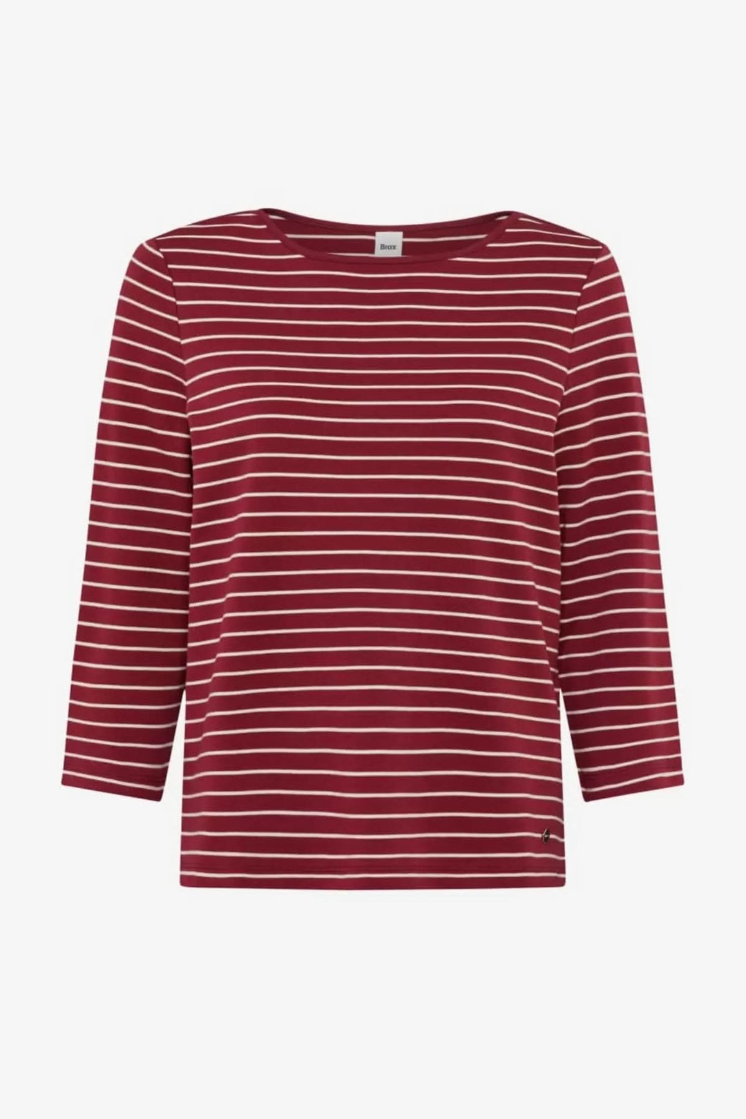 Chandail Cira à rayures à manches trois quarts en jersey doux, avec encolure bateau, rayures rouges et blanches. Décris moi le produit en français.