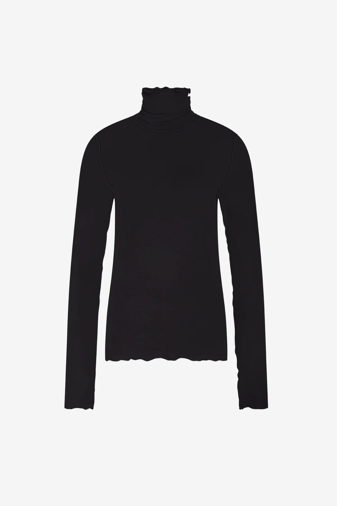Chandail Janice noir à col roulé ajusté, coupe moderne avec finitions discrètes et coutures apparentes.