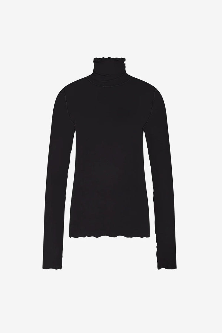 Chandail Janice noir à col roulé ajusté, coupe moderne avec finitions discrètes et coutures apparentes.