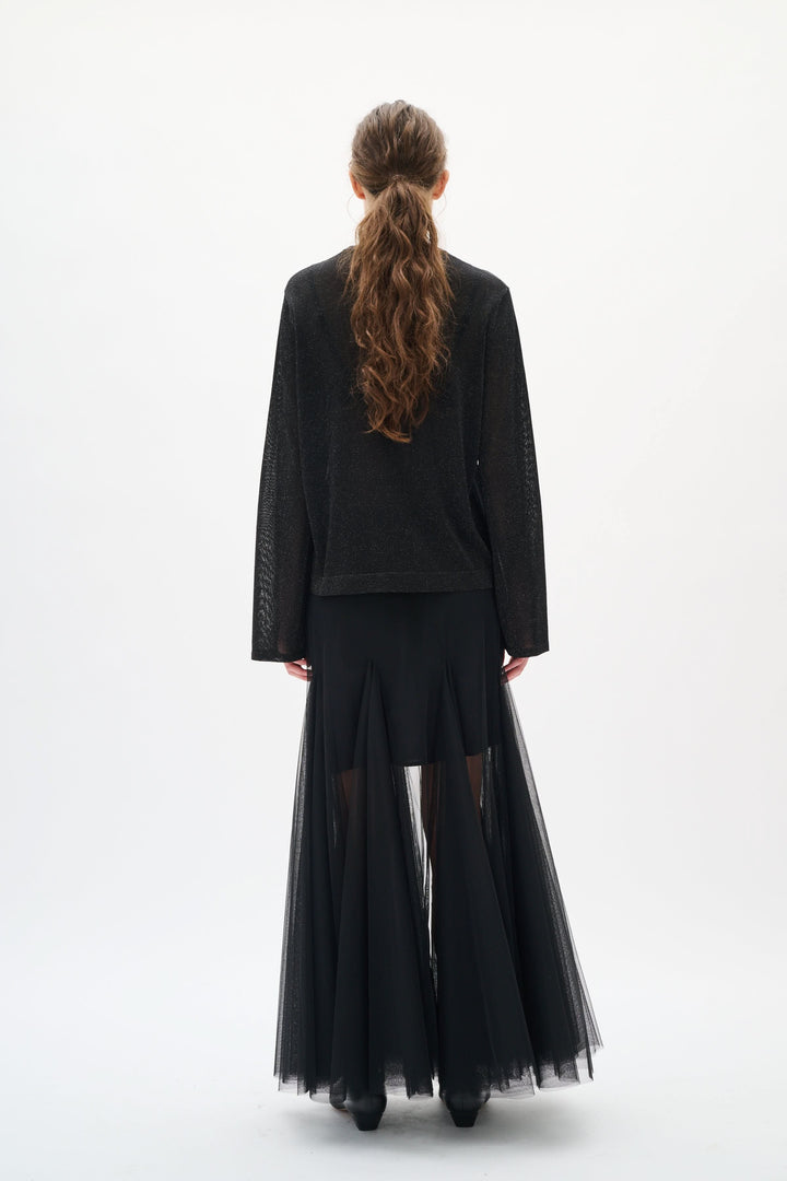 Chandail Thani à effet scintillant, élégant et fluide, manches longues, tissu transparent brillant, idéal pour soirées spéciales.