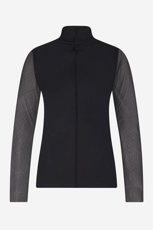 Chandail à col montant et manches transparentes élégant et moderne avec coupe ajustée, idéal pour tenues de soirée et looks professionnels.