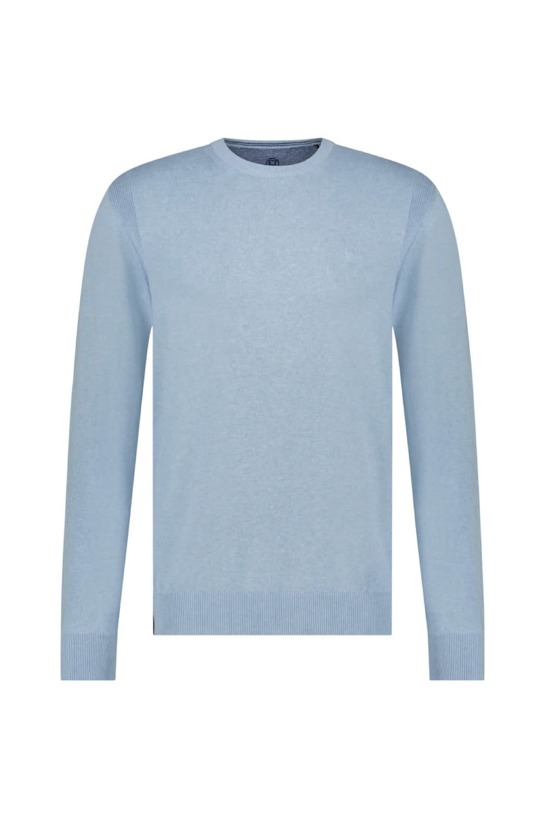 Chandail col ras du cou bleu clair, manches longues, coupe régulière, essentiel pour un look décontracté.