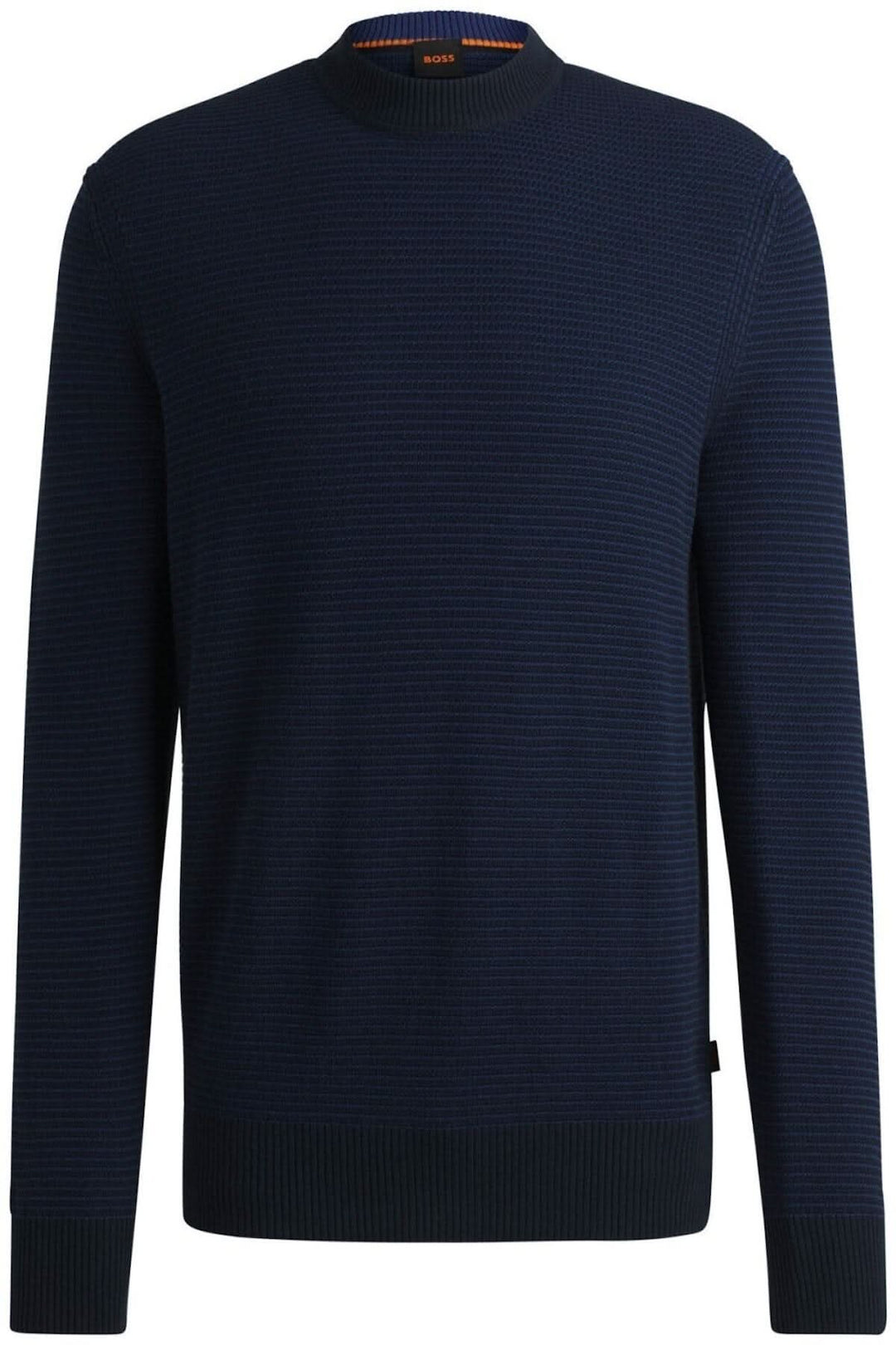 Pull-over en coton bleu foncé BOSS, col rond, coupe Regular Fit avec bordures côtelées.