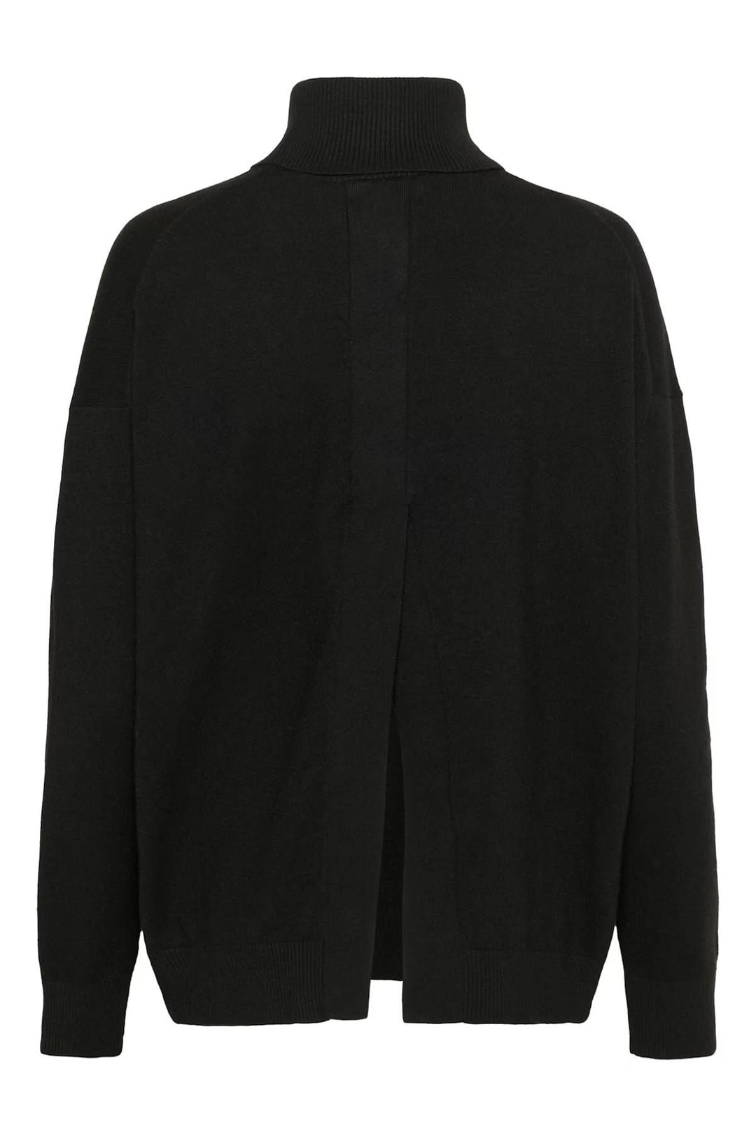Chandail à col roulé noir décontracté avec fente arrière, idéal pour un look chic et minimaliste.