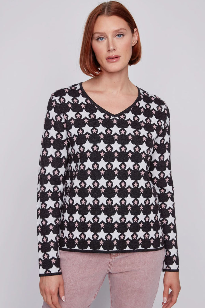 Chandail en tricot col V à motifs d'étoiles, manches longues, élégant et décontracté pour un style unique.