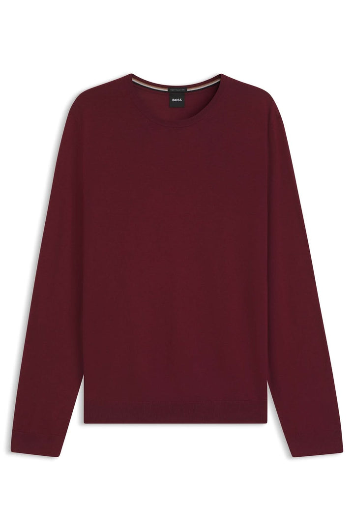 Chandail en laine vierge Leno rouge bordeaux, coupe ajustée, col rond, élégant et confortable pour le bureau ou détente.