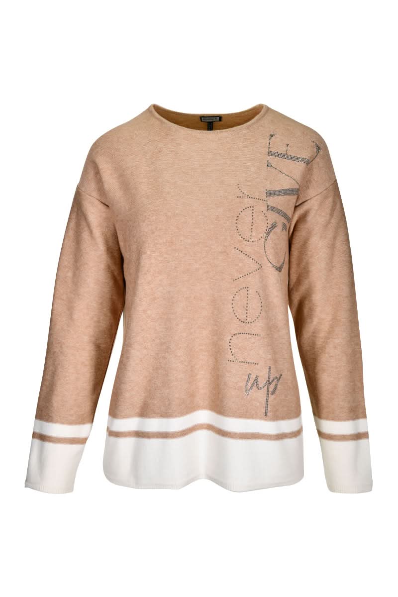 Chandail en maille fine avec imprimé lettrage décoratif et empiècement contrastant sur l'ourlet pour un look moderne et tendance.