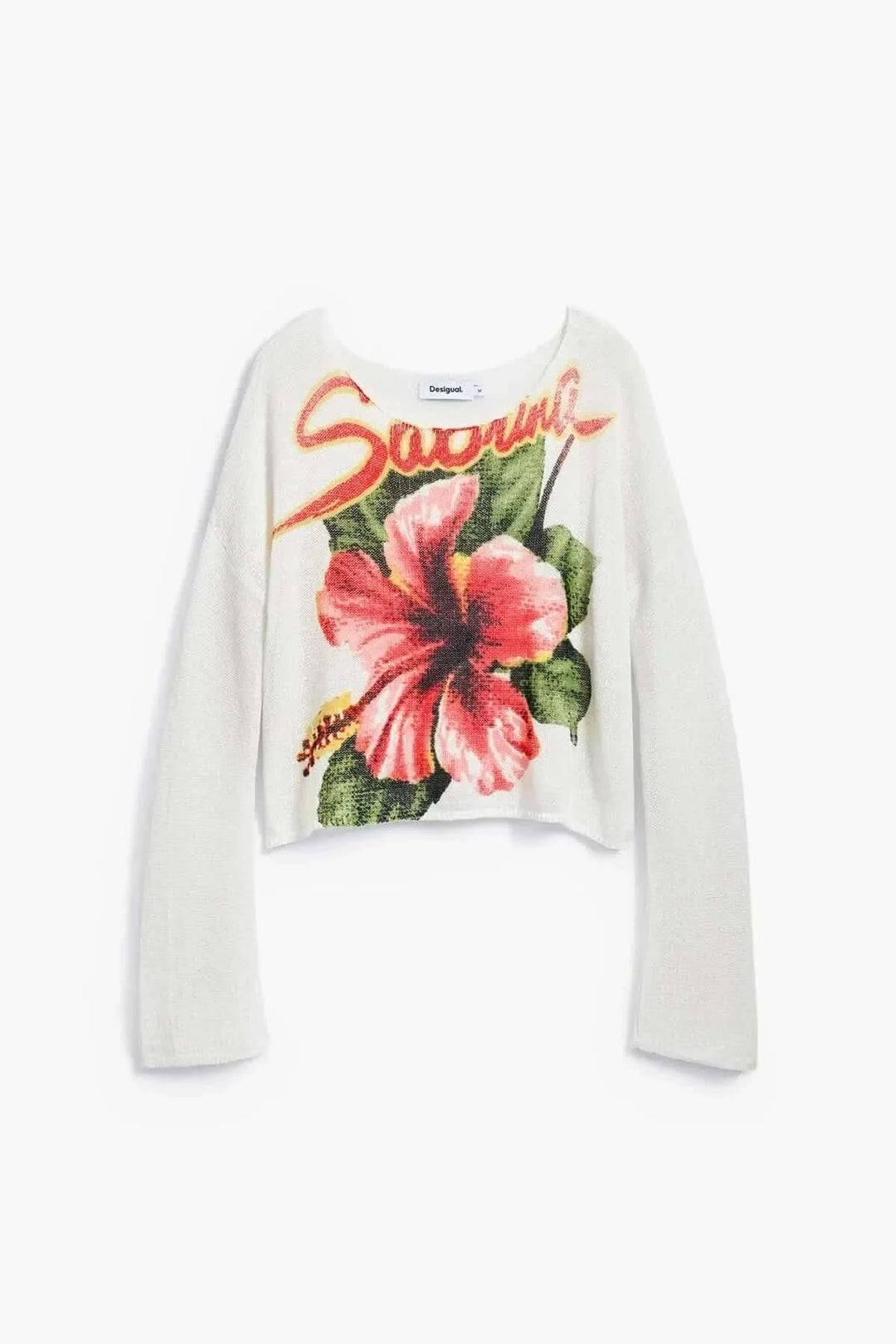 Chandail en maille fine avec imprimé floral, encolure bateau et coupe légèrement ample, style décontracté.