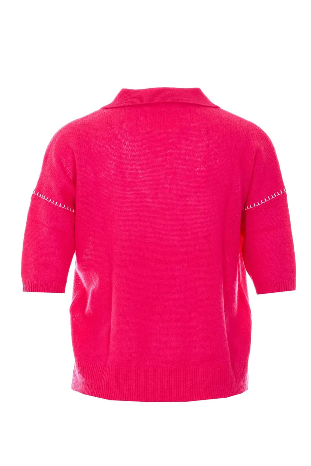 Chandail en maille fine rose fluo avec col polo ouvert et manches courtes, idéal pour un look décontracté élégant.
