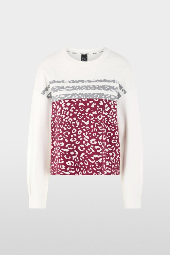 Chandail en tricot à imprimé graphique et empiècements contrastants pour un look moderne, manches longues et col rond.