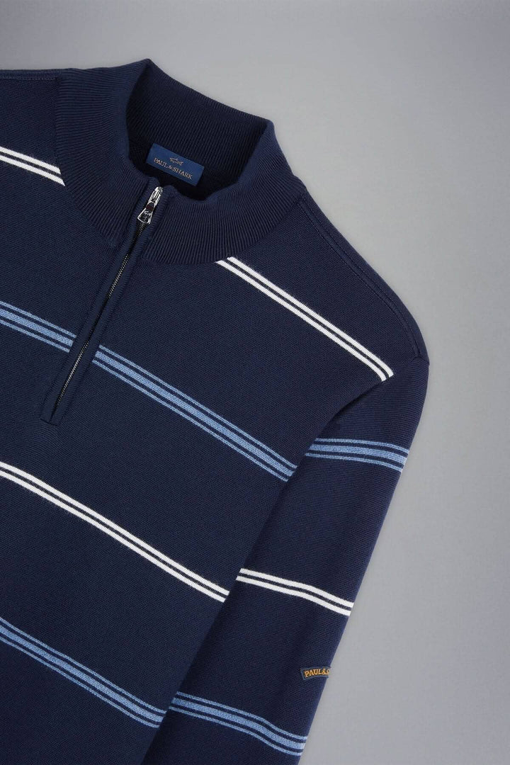 Chandail en laine Paul &amp; Shark avec col demi-zip et design rayé classique en bleu et blanc.