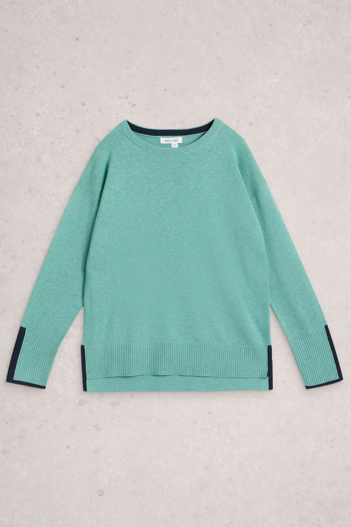 Chandail à manches longues et col rond Olive décontracté avec finitions côtelées pour un look quotidien élégant.