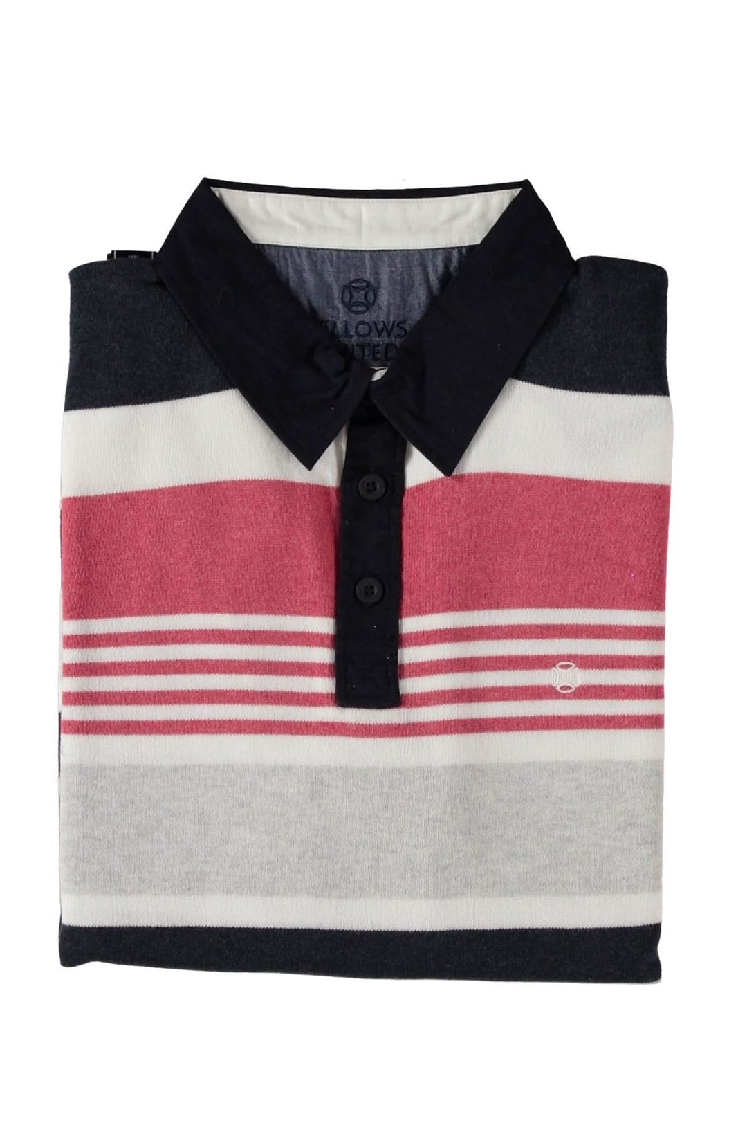 Chandail à manches longues rayé, col polo noir, rayures horizontales rouges et grises, modèle sportif et moderne.