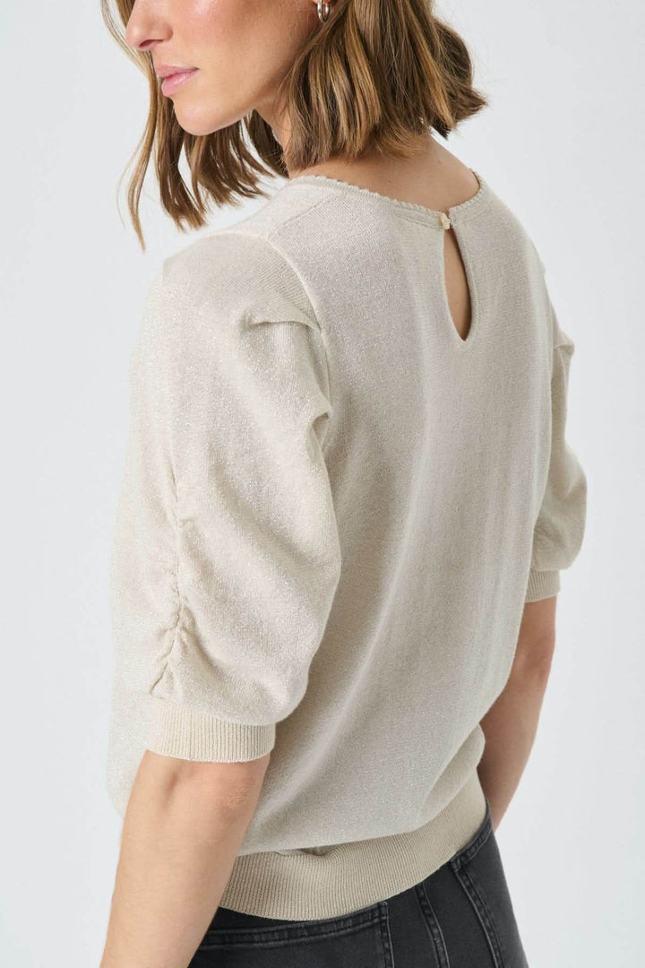 Chandail scintillant Varaia avec encolure ronde et manches courtes bouffantes, ajouté à une tenue classique et élégante.