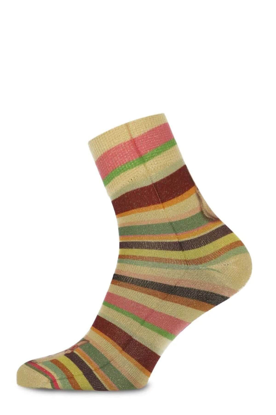 Chaussettes mi-hautes à rayures multicolores avec un motif unique, parfaites pour ajouter une touche originale à votre style.