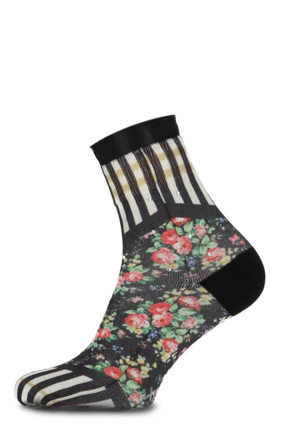 Chaussettes mi-hautes avec motif floral coloré et rayures graphiques, détail en tulle.