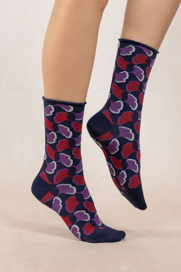 Chaussettes ginkgo en coton, motifs colorés, coutures plates, confort optimal pour femme.