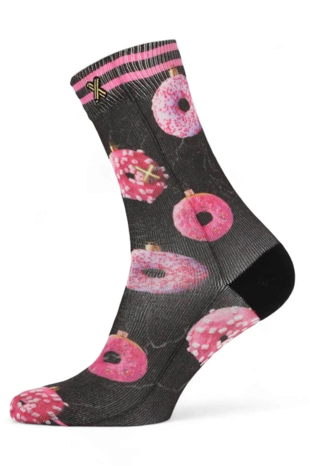 Chaussettes à motif beignet avec imprimé de beignets roses et bande élastique contrastante. Description du produit en français incluse.