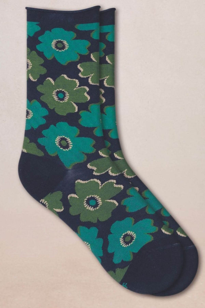 Chaussettes à motif floral en coton majoritaire, vert et bleu, longueur mi-mollet, idéales pour une touche de style audacieuse.