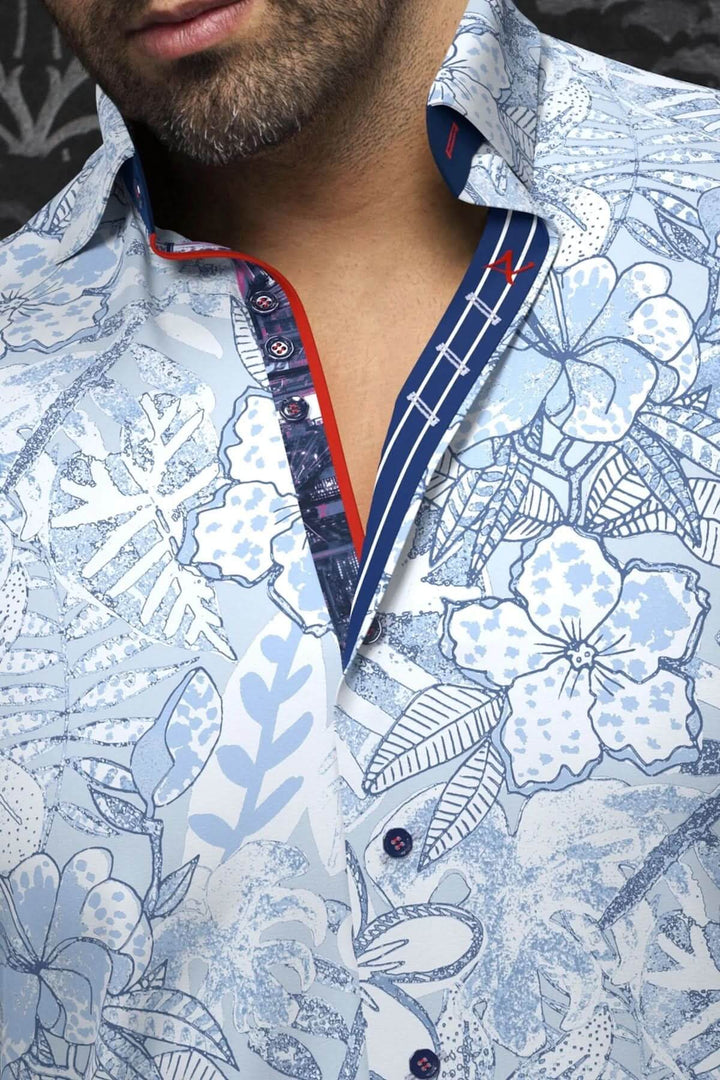 Chemise Alvarado florale avec col italien structuré et détails contrastants à carreaux pour un style élégant.
