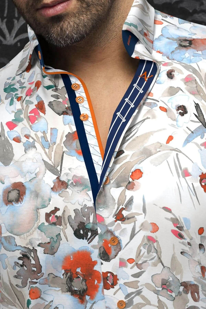 Chemise Sanford avec imprimé floral et col italien à contraste, style élégant et audacieux.