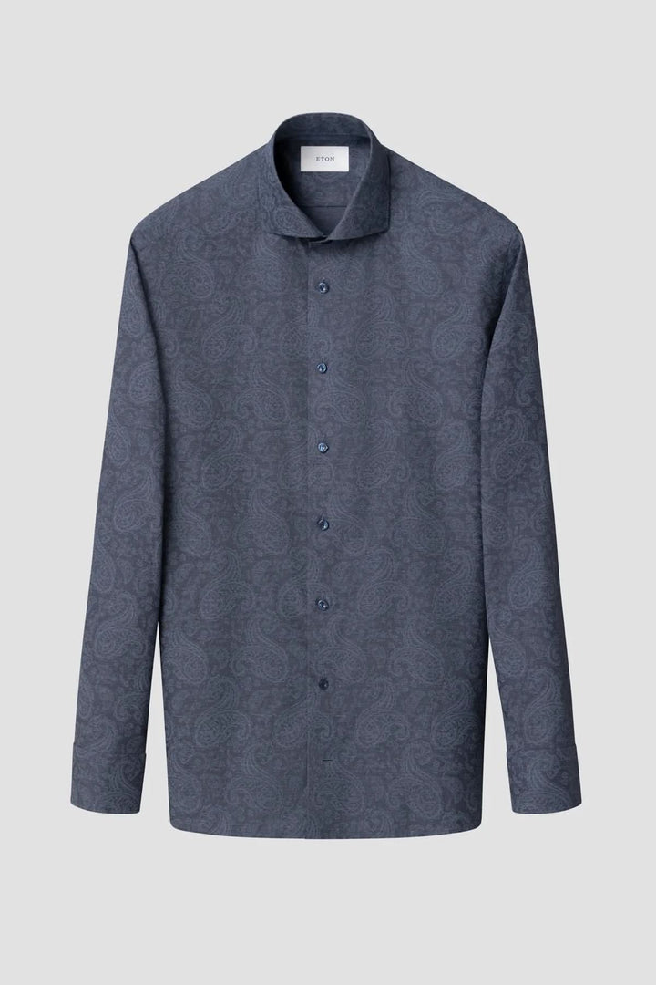 Chemise ajustée bleu à motif paisley ton sur ton, élégante et moderne, idéale pour un style formel.