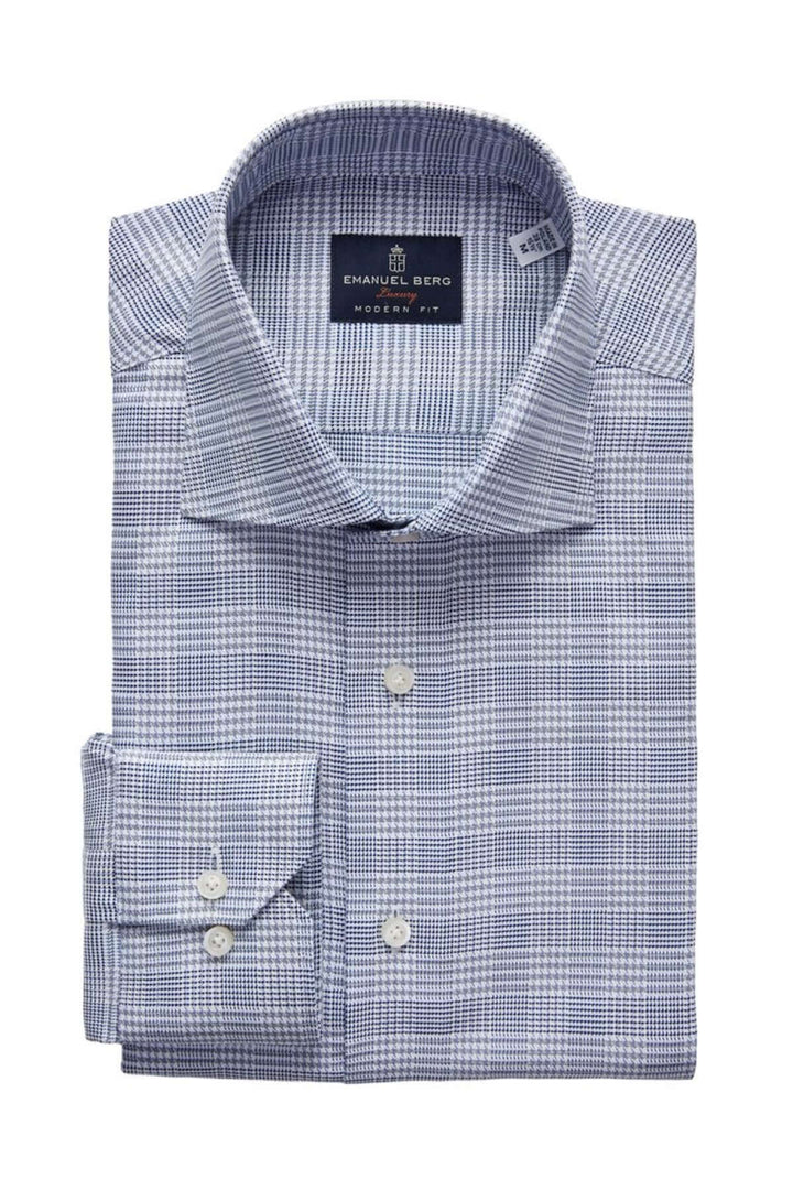 Chemise à carreaux Prince-de-Galles bleu et blanc avec col Rialto et poignets à un bouton, élégante et confortable.