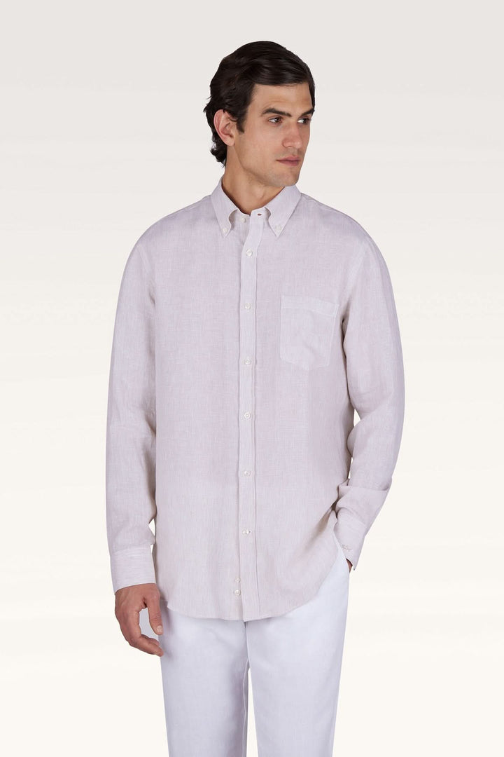 Chemise en lin Soffio pour homme, coupe droite avec col boutonné et manches longues, style élégant et décontracté.