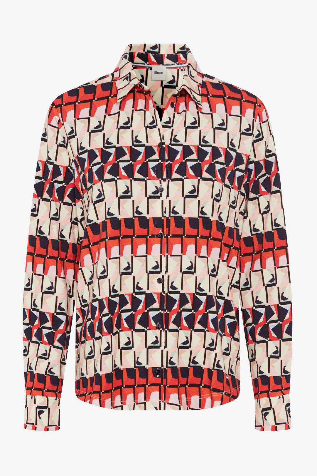 Chemise imprimée Celina, motif géométrique audacieux en rouge, noir et beige, coupe féminine et fluide.