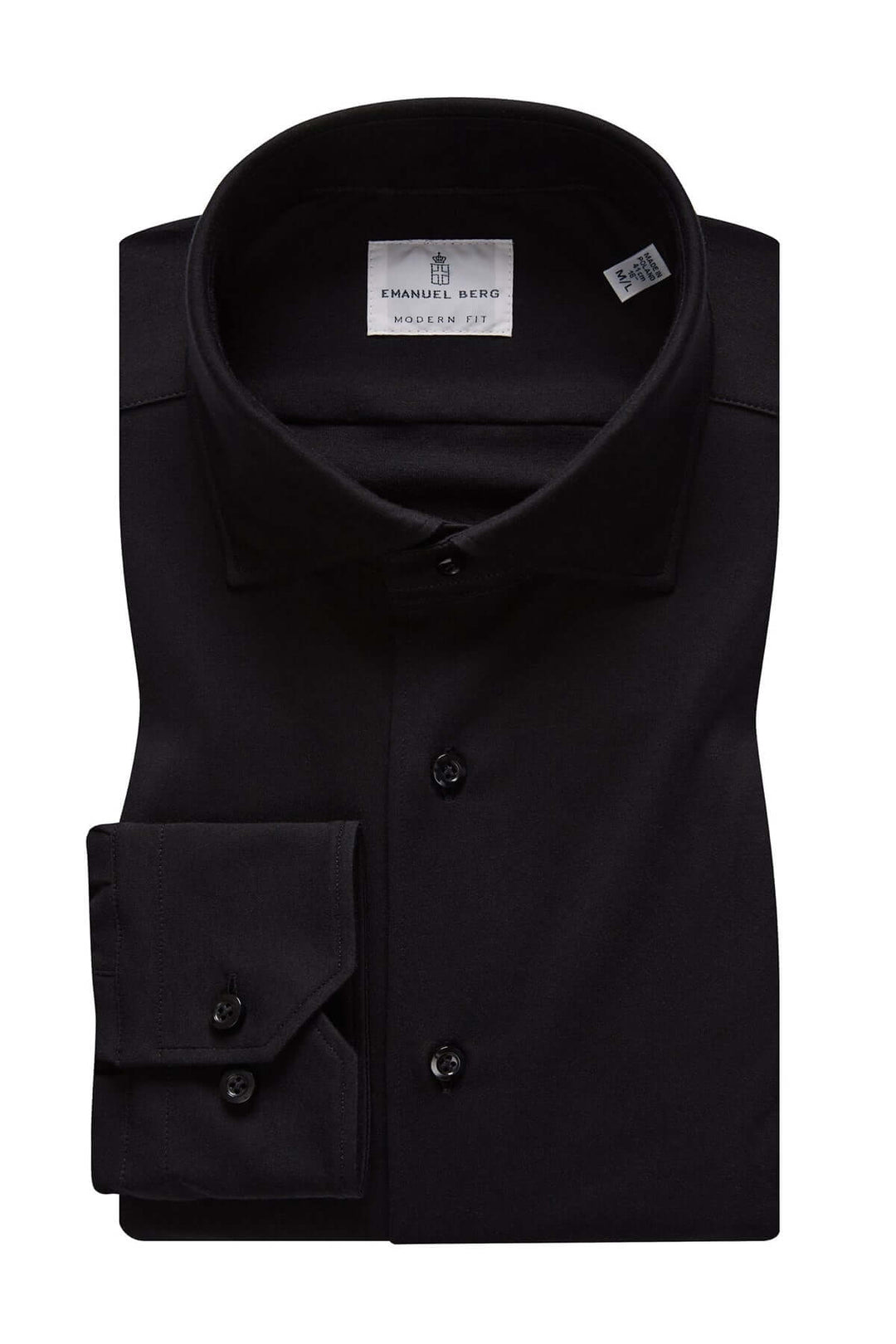 Chemise élégante noire avec col classique et poignets à deux boutons, tissu texturé pour un look professionnel.