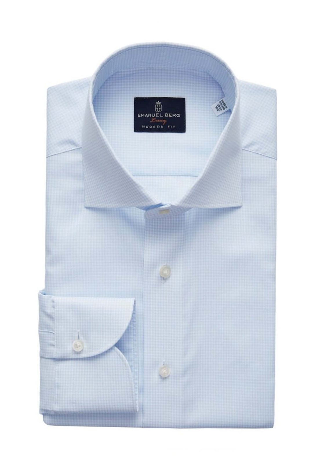Chemise à micro-carreaux bleu clair, col classique, élégante pour occasions professionnelles et semi-formelles.