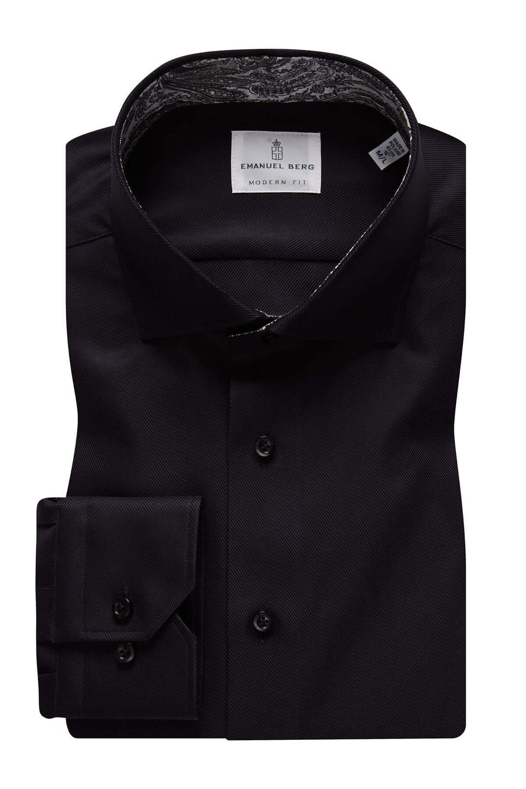Chemise moderne noire avec col classique et imprimé cachemire à l'intérieur, idéale pour occasions formelles.