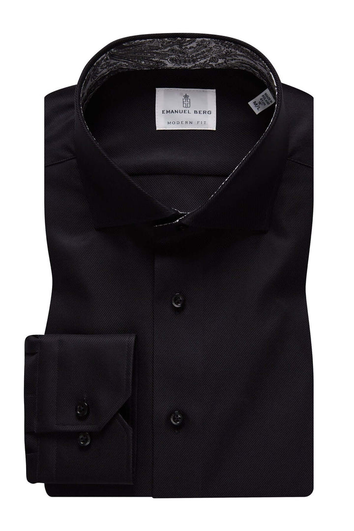 Chemise moderne noire avec col classique et imprimé cachemire à l'intérieur, idéale pour occasions formelles.