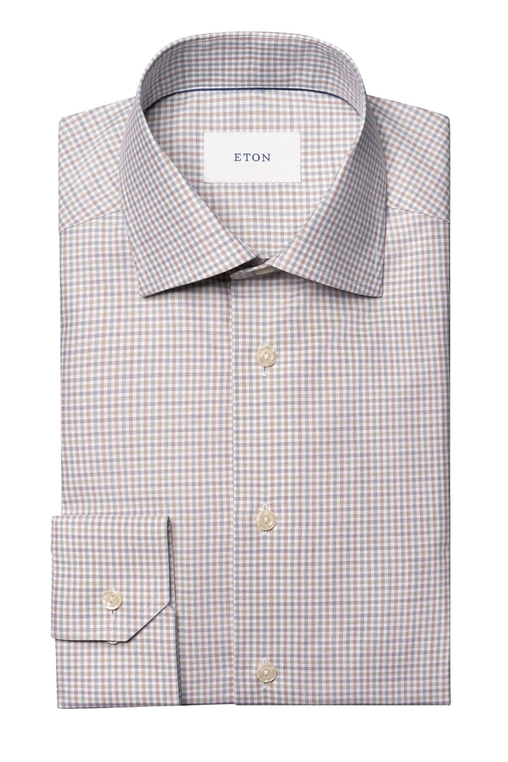 Chemise à motif micro-carreaux ajustée, style élégant pour bureau ou sorties, col classique ouvert.