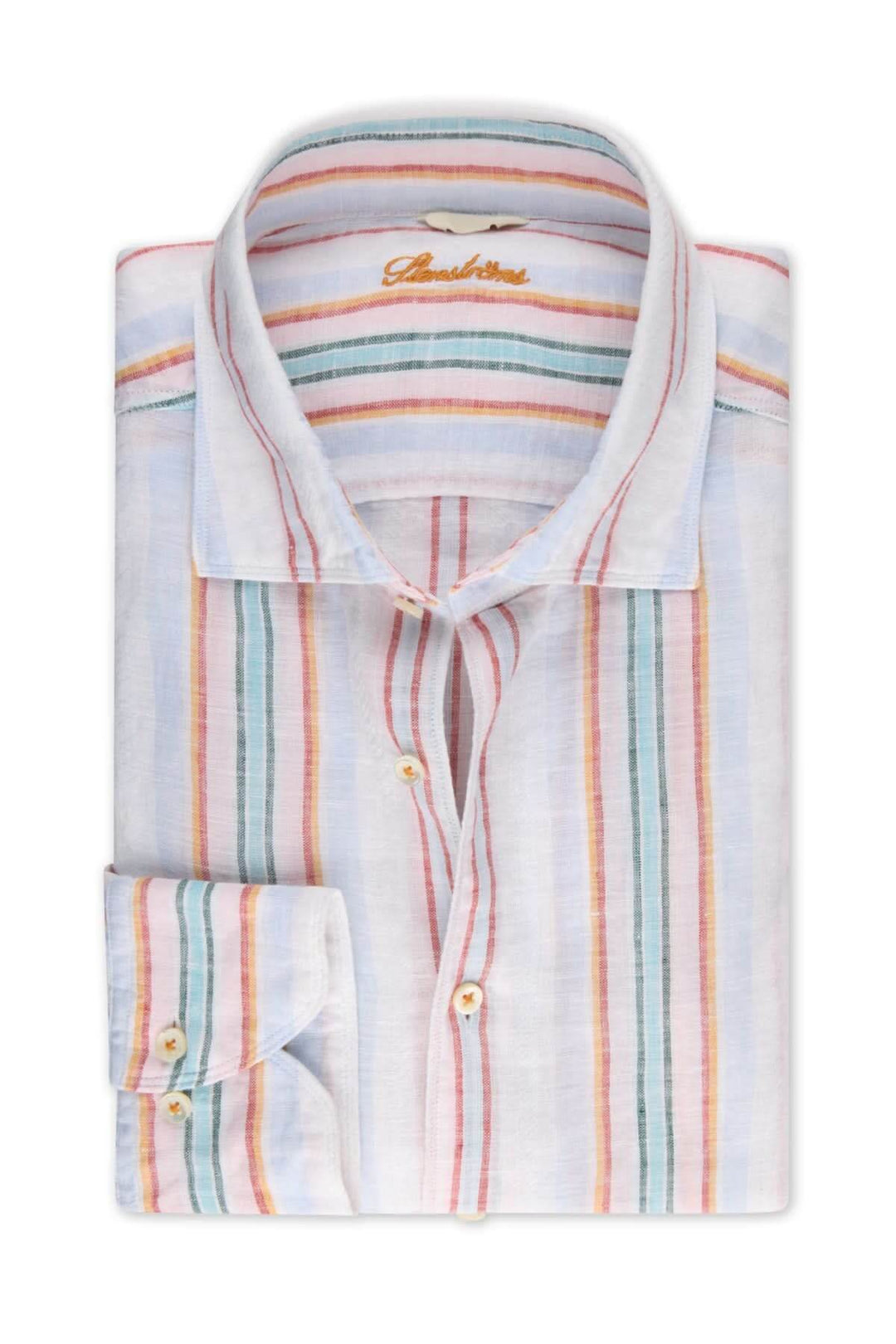 Chemise à rayures multicolores en lin, col classique et boutons en nacre, idéale pour l'été.