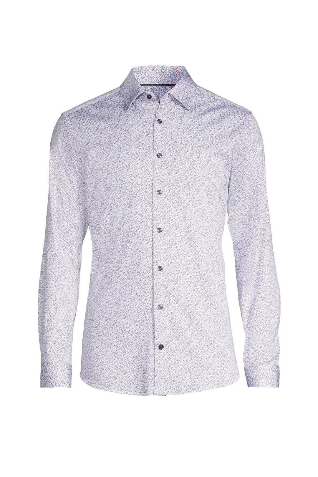 Chemise tissée extensible à manches longues avec micro-imprimé floral, col classique et coupe ajustée.