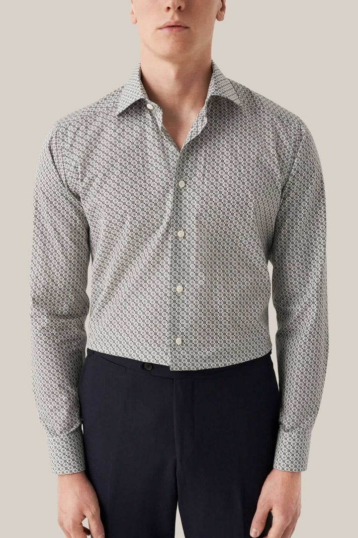 Chemise à imprimé géométrique mosaïque, col classique, coupe ajustée, parfaite pour tenues formelles et décontractées-chic.