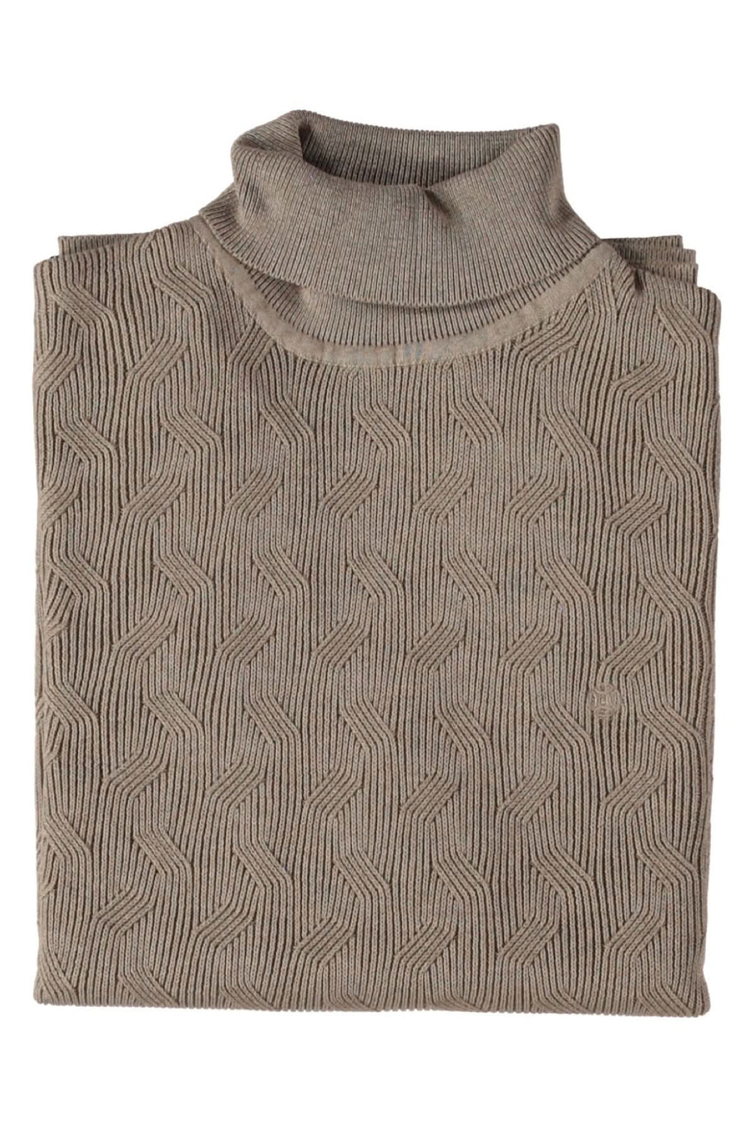 Chandail col roulé en tricot structuré beige avec motifs torsadés, idéal pour un style chic et cosy.