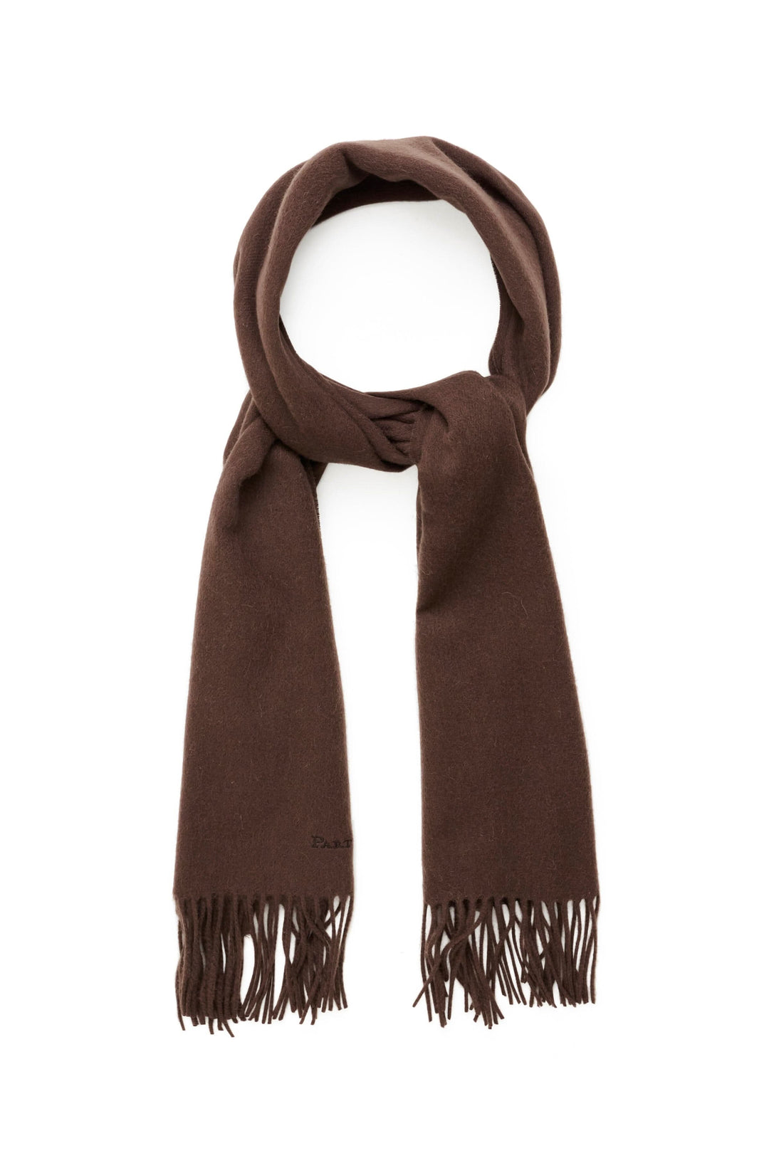 Foulard en laine marron avec franges, idéal pour des tenues hivernales et apporter chaleur et style.